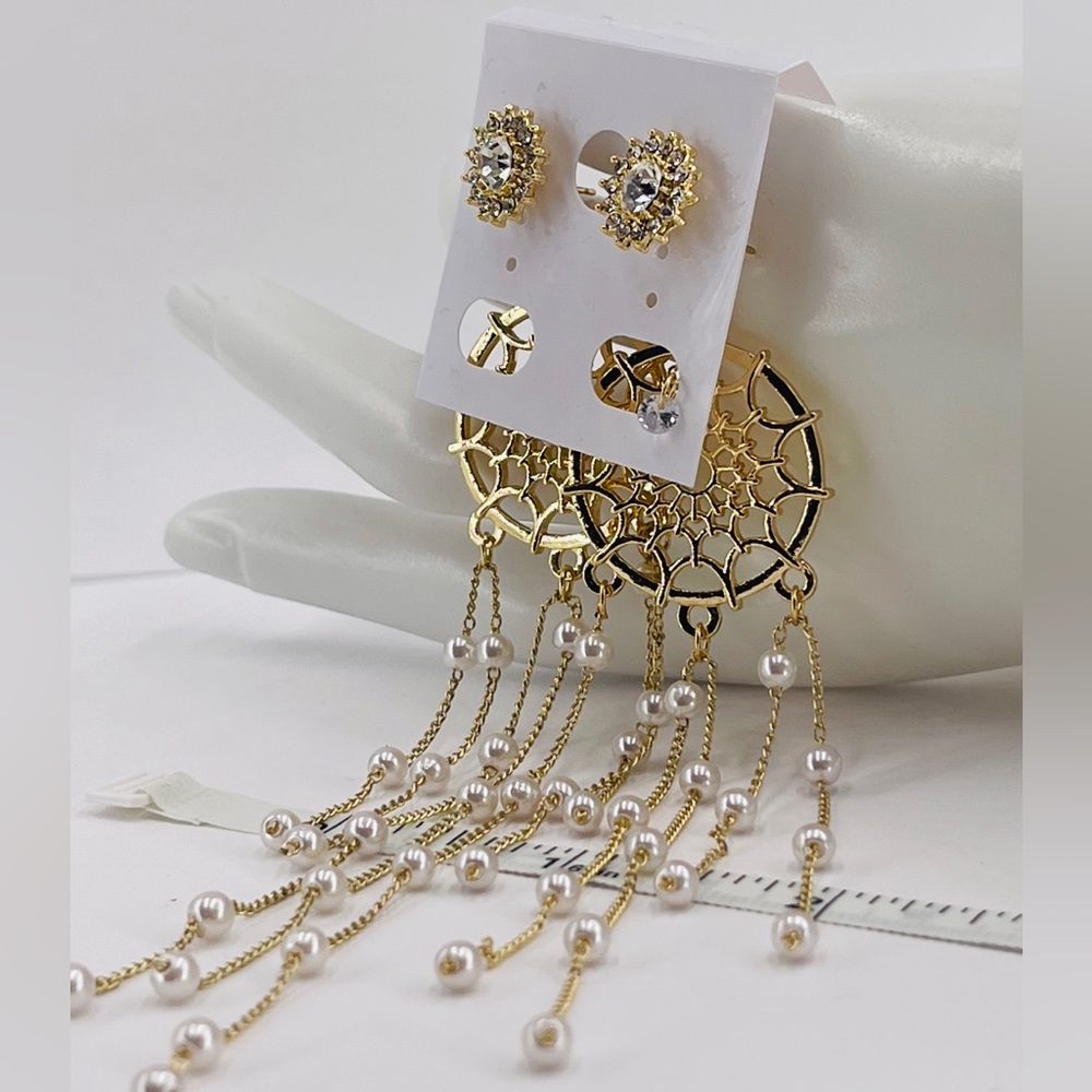 Dreamcatcher Earrings Imitation Pearls 14k Gold Plated